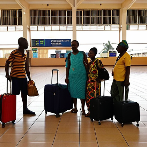 Home 16 **Image Prompt 1: First Arrival at Yaoundé Nsimalen Airport**
A wide shot capturing the arrival hall of Yaoundé Nsimalen International Airport, bathed in warm, humid light. Travelers of diverse backgrounds, some looking slightly tentative, others relaxed locals, stand in immigration lines or collect luggage. The atmosphere is a mix of quiet anticipation and subtle African vibrancy. Through large windows, a hint of the runway or tropical foliage can be seen. The setting feels authentic and slightly aged, not overly modern.