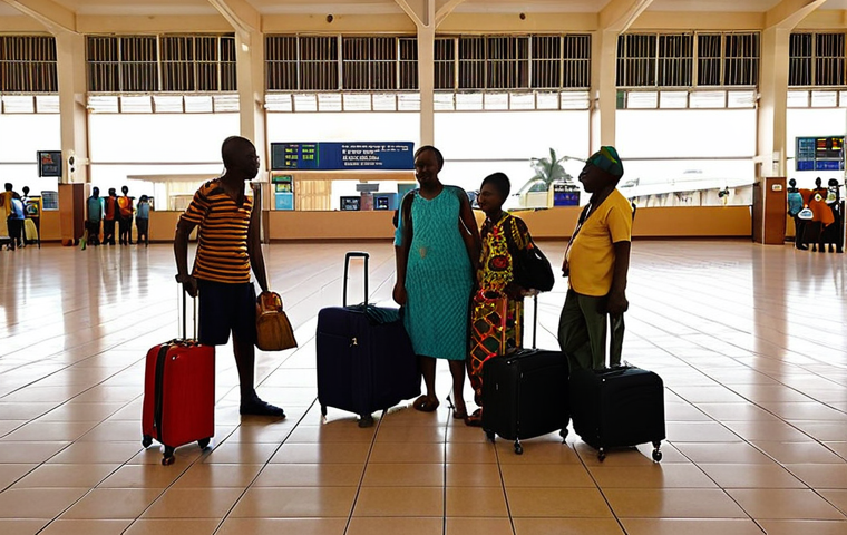 **Image Prompt 1: First Arrival at Yaoundé Nsimalen Airport**
A wide shot capturing the arrival hall of Yaoundé Nsimalen International Airport, bathed in warm, humid light. Travelers of diverse backgrounds, some looking slightly tentative, others relaxed locals, stand in immigration lines or collect luggage. The atmosphere is a mix of quiet anticipation and subtle African vibrancy. Through large windows, a hint of the runway or tropical foliage can be seen. The setting feels authentic and slightly aged, not overly modern.