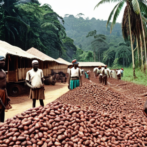 Home 15 **
A vast cocoa plantation in colonial Cameroon under German rule. Indigenous laborers toil under the watchful eyes of German overseers. The scene depicts harsh working conditions and the forced labor system.
**