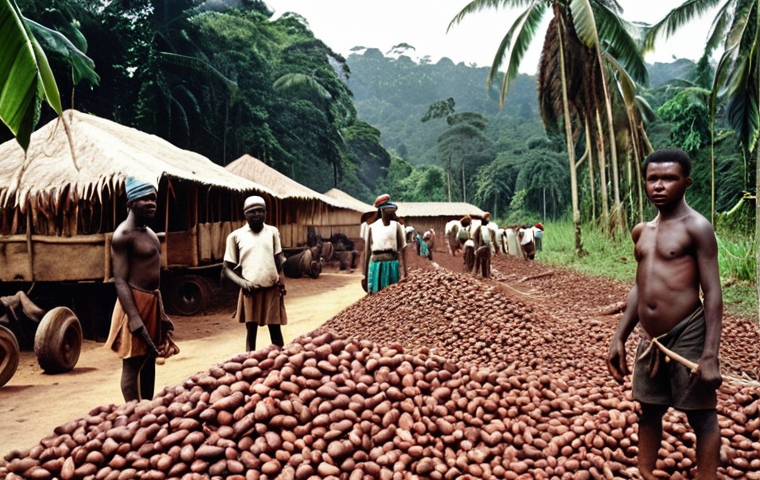 **
A vast cocoa plantation in colonial Cameroon under German rule. Indigenous laborers toil under the watchful eyes of German overseers. The scene depicts harsh working conditions and the forced labor system.
**