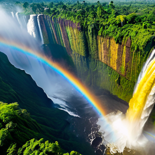 Home 8 An awe-inspiring aerial view of the majestic Inga Falls, showcasing its immense scale and power. Countless powerful cascades of water, over 15 kilometers wide, plunge thunderously into the Congo River. Lush, pristine tropical rainforest densely covers the surrounding landscape with vibrant, untouched greenery. A dramatic mist rises from the colossal waterfall's impact, catching the soft daylight to reveal a faint, ethereal rainbow. The scene emphasizes the raw, untamed force of nature. Professional landscape photography, high resolution, epic grandeur, stunning detail, safe for work, appropriate content, fully clothed, professional, perfect anatomy, correct proportions, natural pose, well-formed hands, proper finger count, natural body proportions.