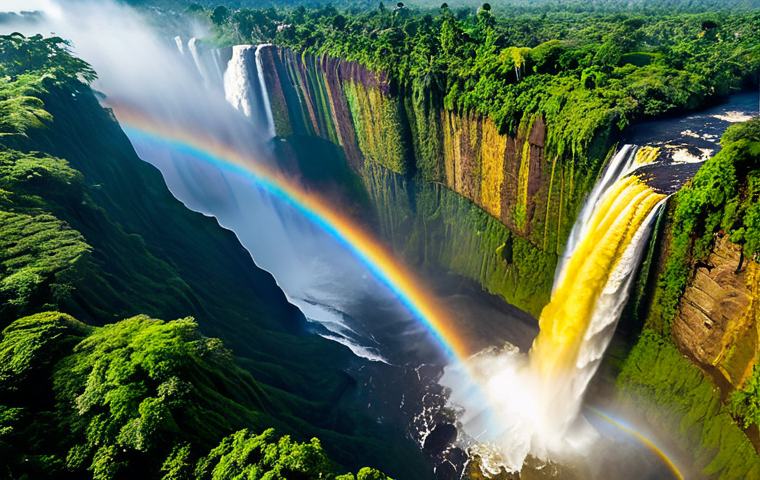 An awe-inspiring aerial view of the majestic Inga Falls, showcasing its immense scale and power. Countless powerful cascades of water, over 15 kilometers wide, plunge thunderously into the Congo River. Lush, pristine tropical rainforest densely covers the surrounding landscape with vibrant, untouched greenery. A dramatic mist rises from the colossal waterfall's impact, catching the soft daylight to reveal a faint, ethereal rainbow. The scene emphasizes the raw, untamed force of nature. Professional landscape photography, high resolution, epic grandeur, stunning detail, safe for work, appropriate content, fully clothed, professional, perfect anatomy, correct proportions, natural pose, well-formed hands, proper finger count, natural body proportions.